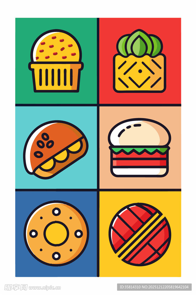 多彩美味汉堡糕点图标集