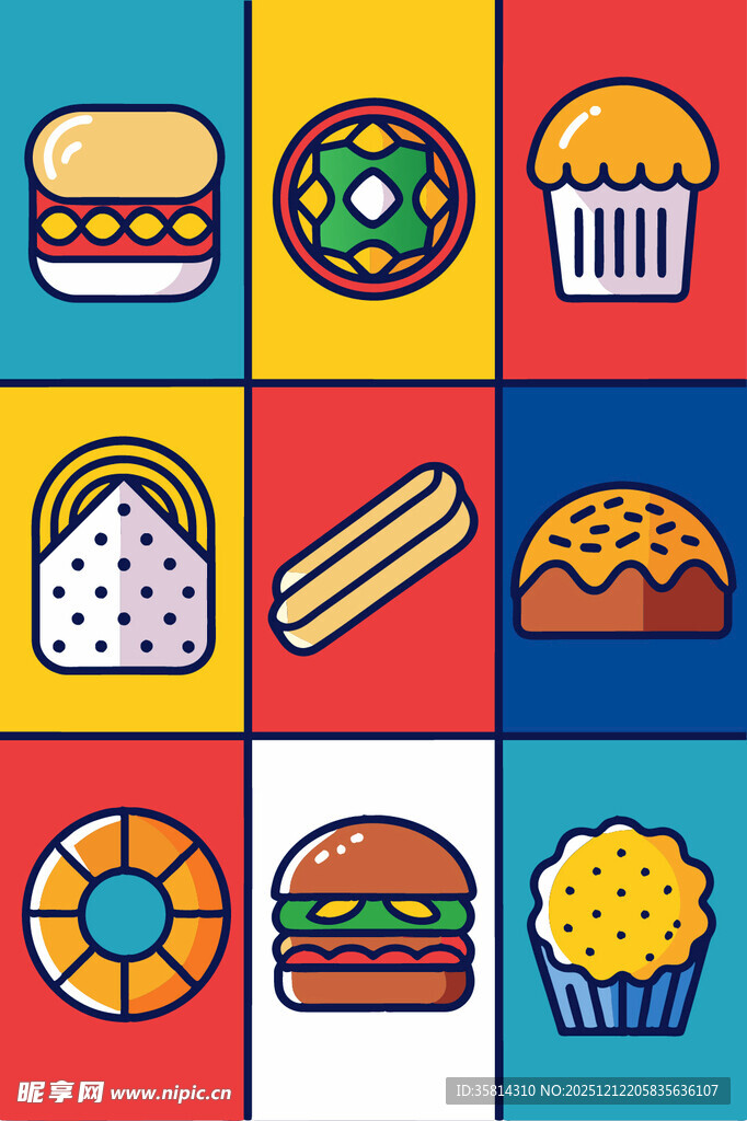 多彩美味糕点与快餐图标