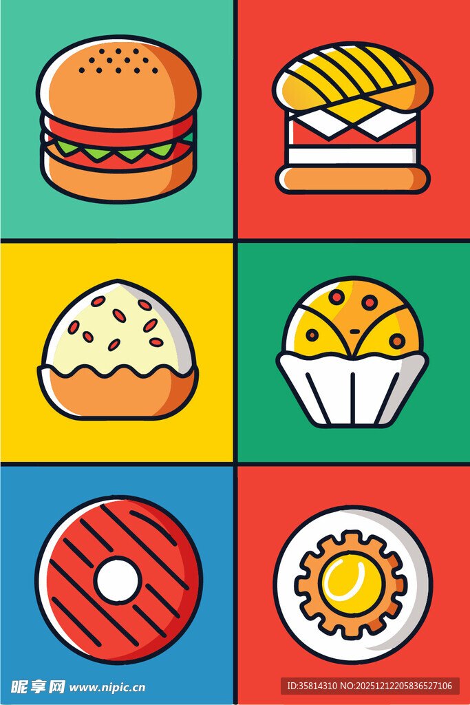 多彩美味糕点与汉堡图标