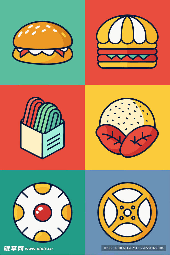 多彩美味快餐图标集合