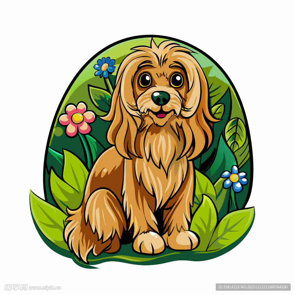 可爱小狗置身绿植花丛中