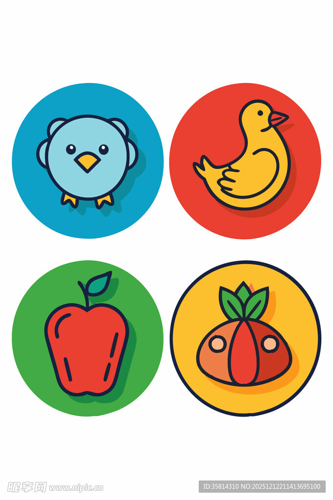 可爱卡通动物与水果图标