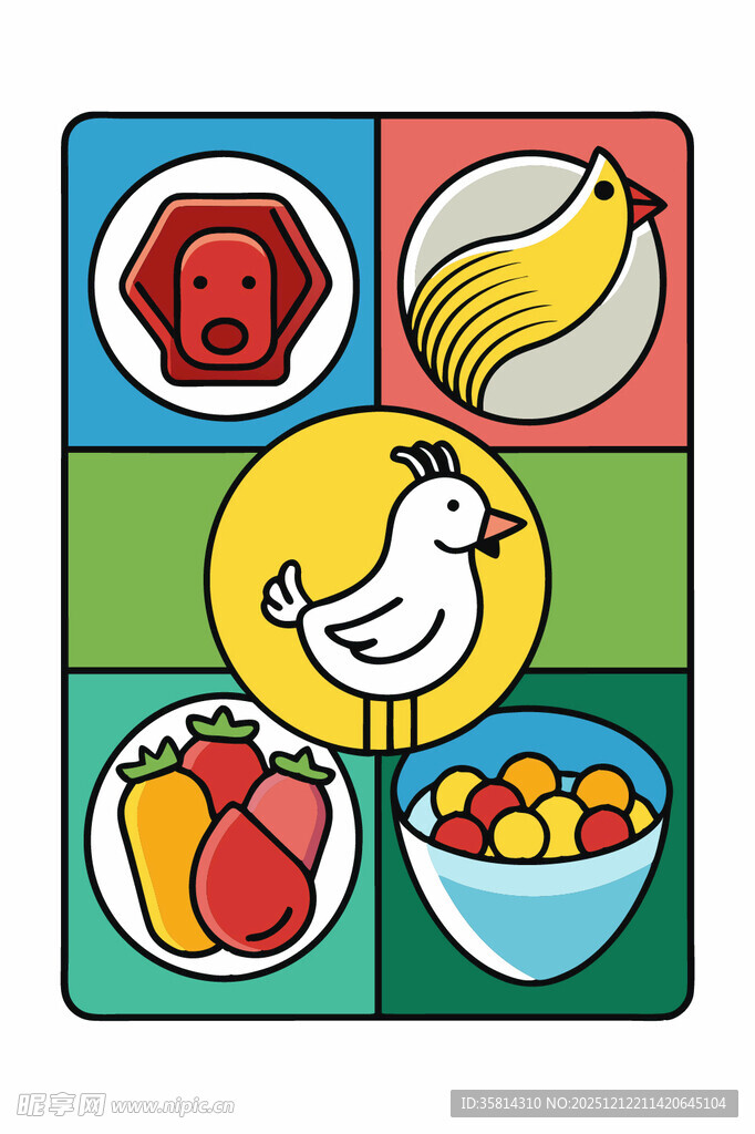 卡通食物与动物组合插画