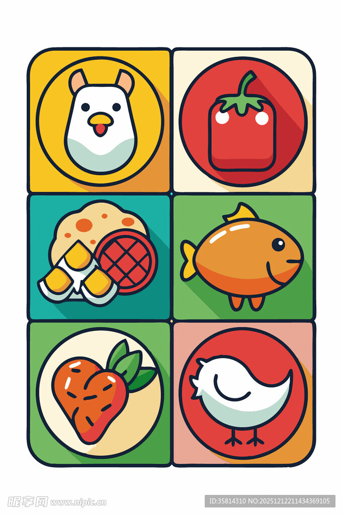 卡通动物与食物图标集合