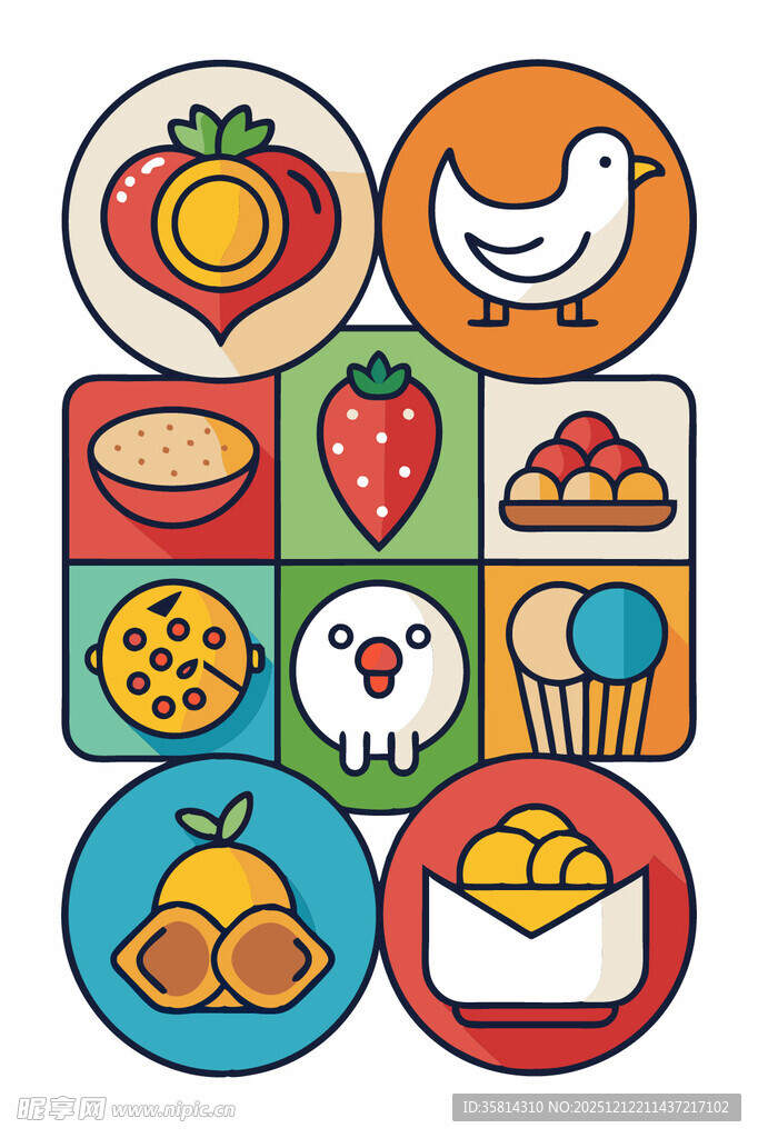 多彩美食与动物图标集合