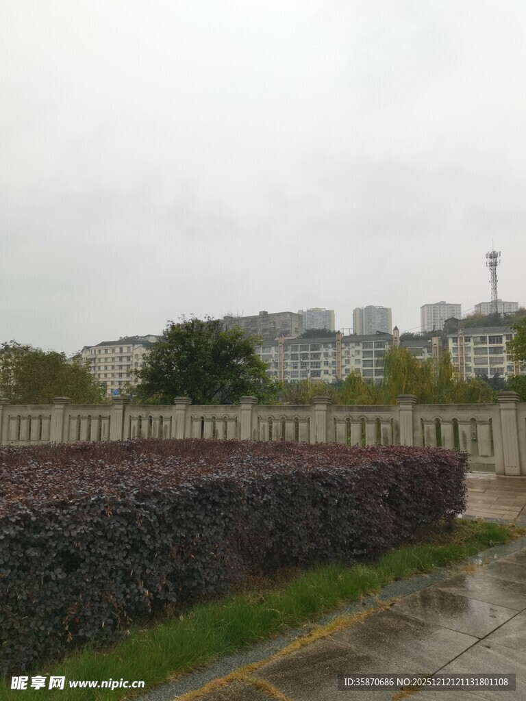 雨中围栏旁的城市景致
