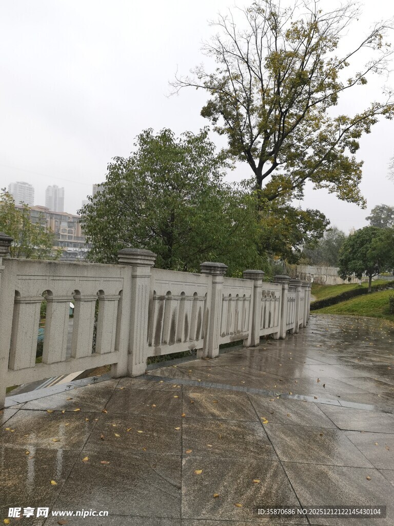 雨中木桥与积水路面