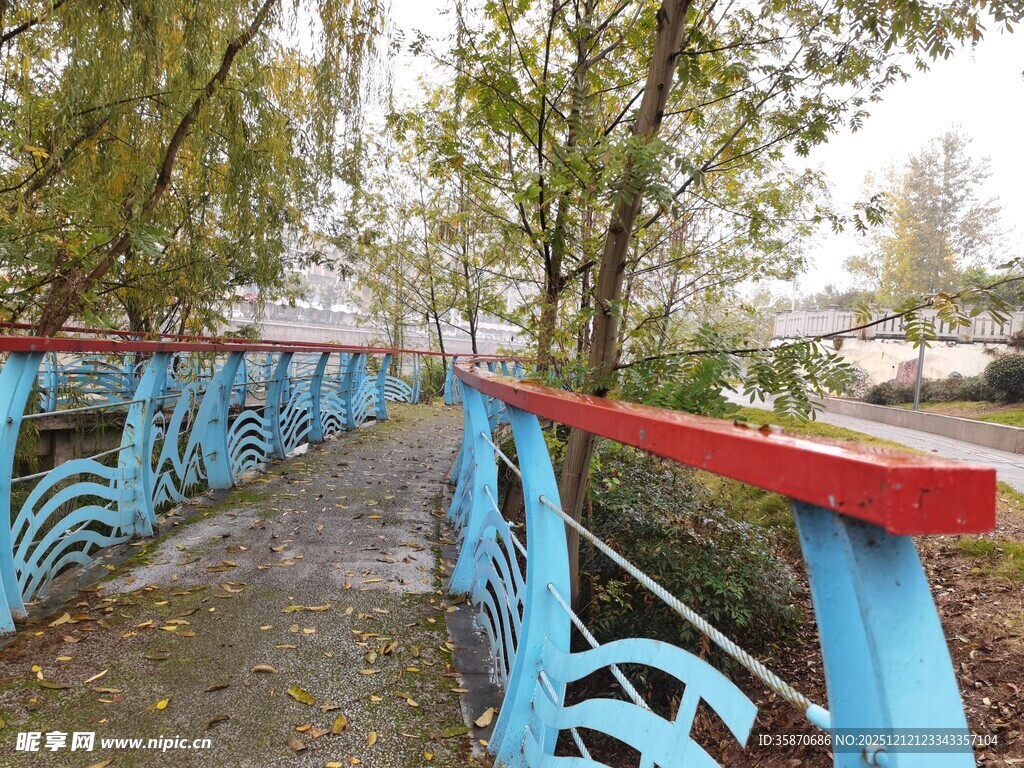 蓝色桥栏的林间小道