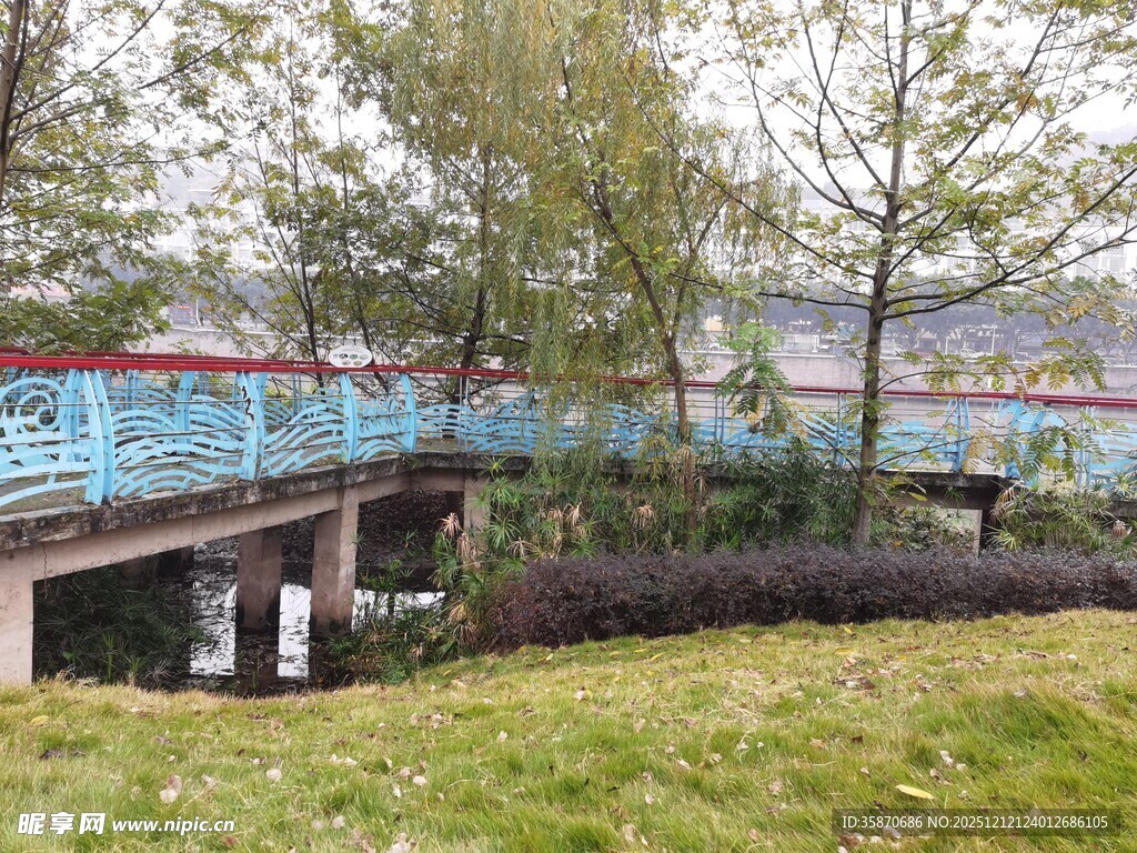 河畔蓝桥旁的自然景致