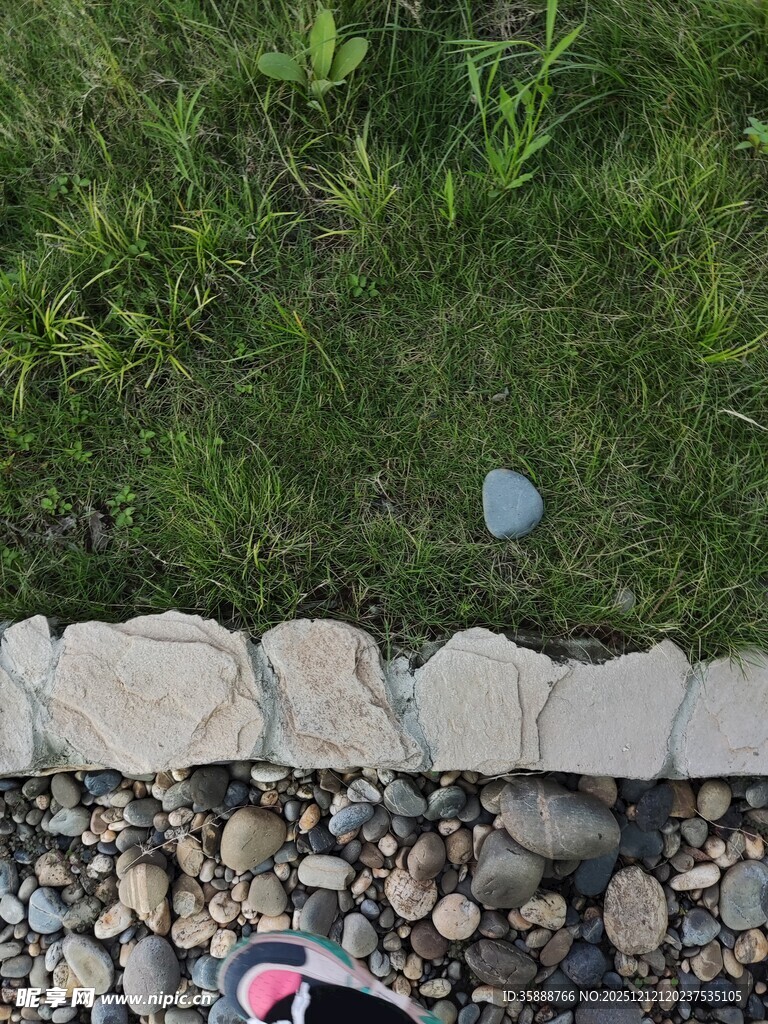 草地边的碎石与小物件