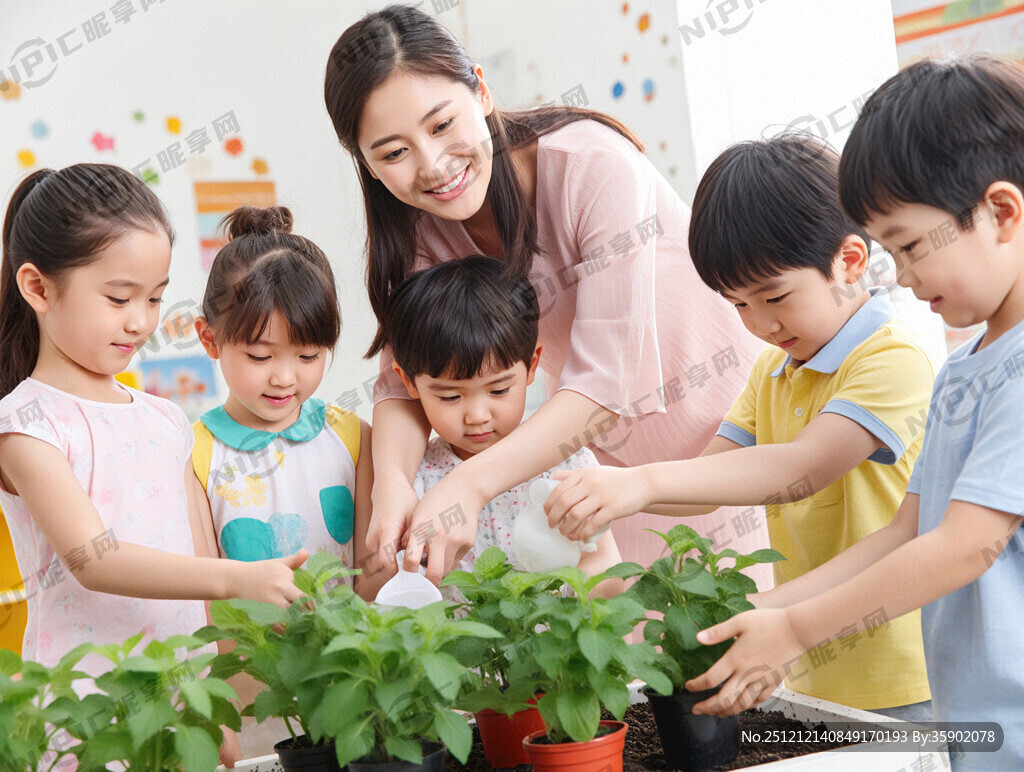 年轻女教师带领6岁左右儿童给绿