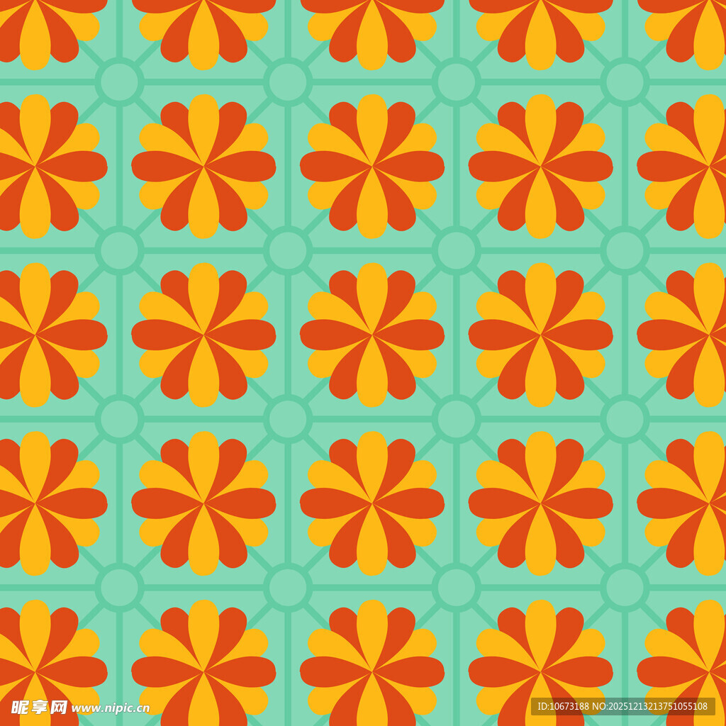 蓝底橙色花朵几何图案