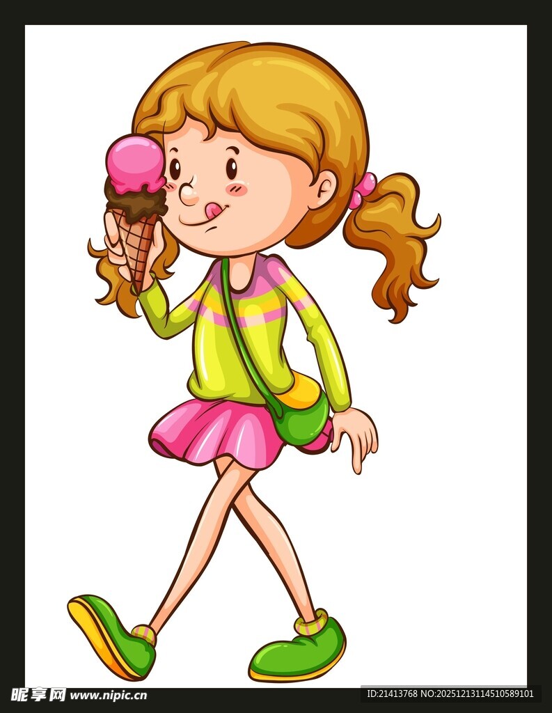 女孩手持冰淇淋快乐行走