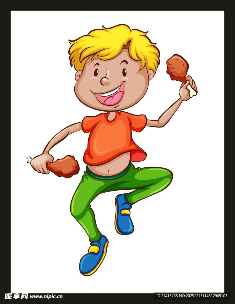 男孩开心吃炸鸡