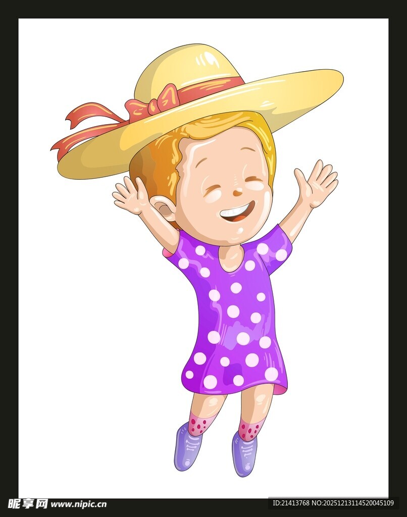 戴草帽欢笑的可爱小女孩