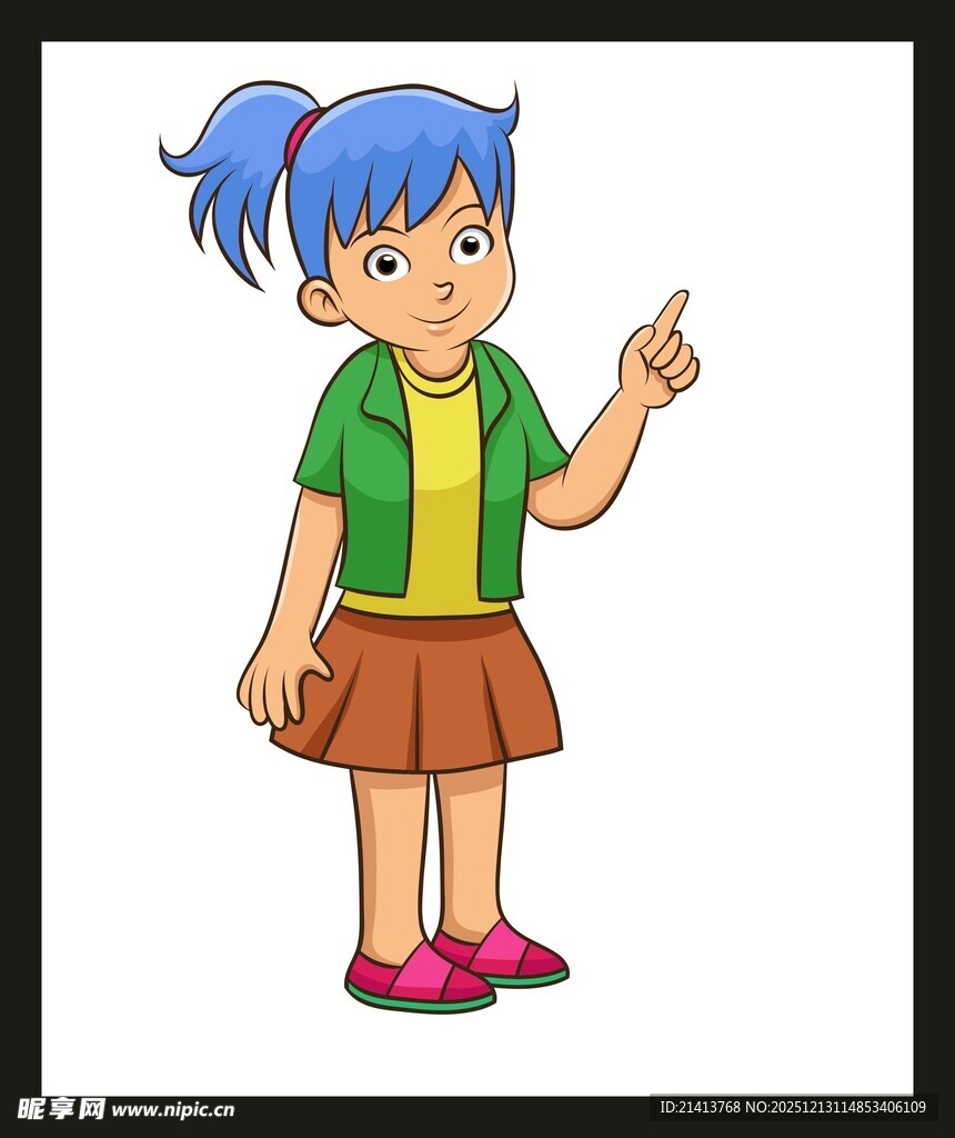 蓝发女孩指向上方