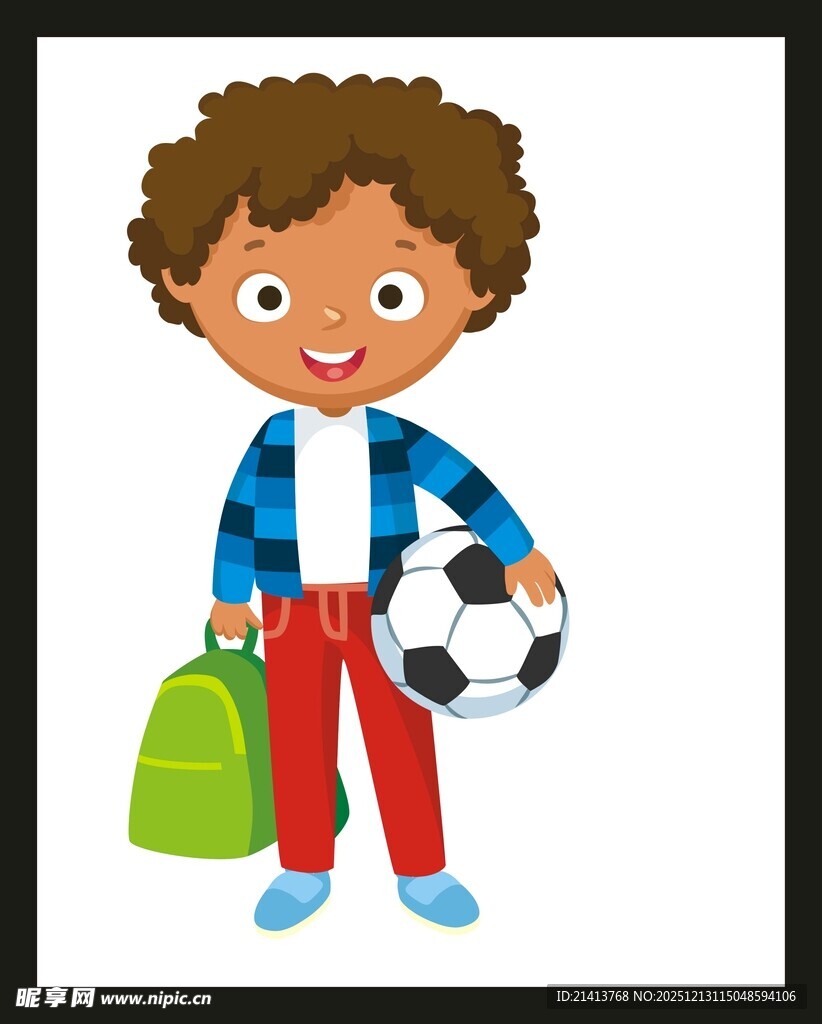 背着包拿足球的小男孩