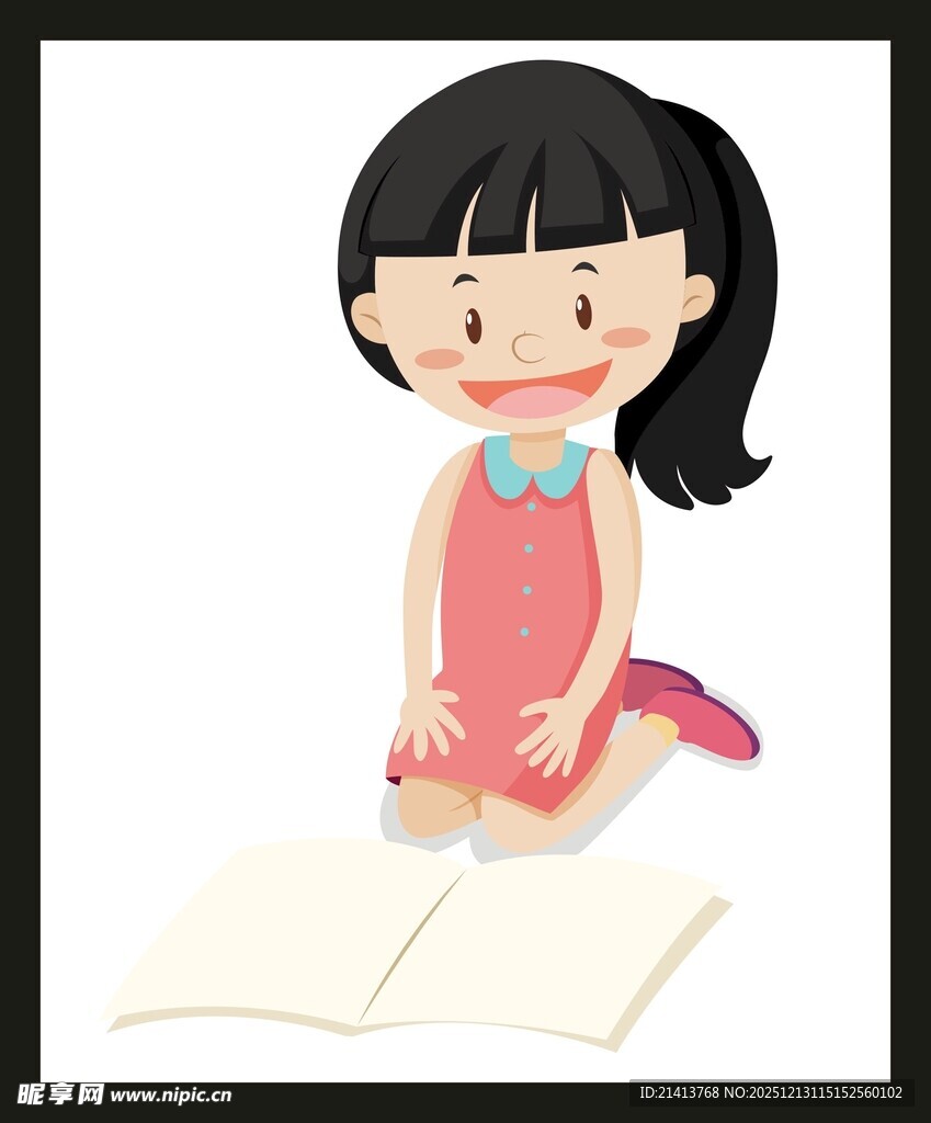 跪地读书的可爱小女孩