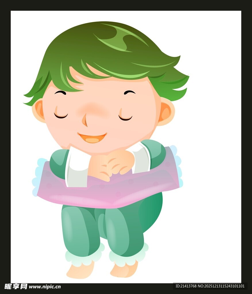 可爱绿发小孩抱书本