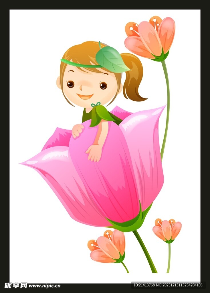 女孩置身粉色花朵中