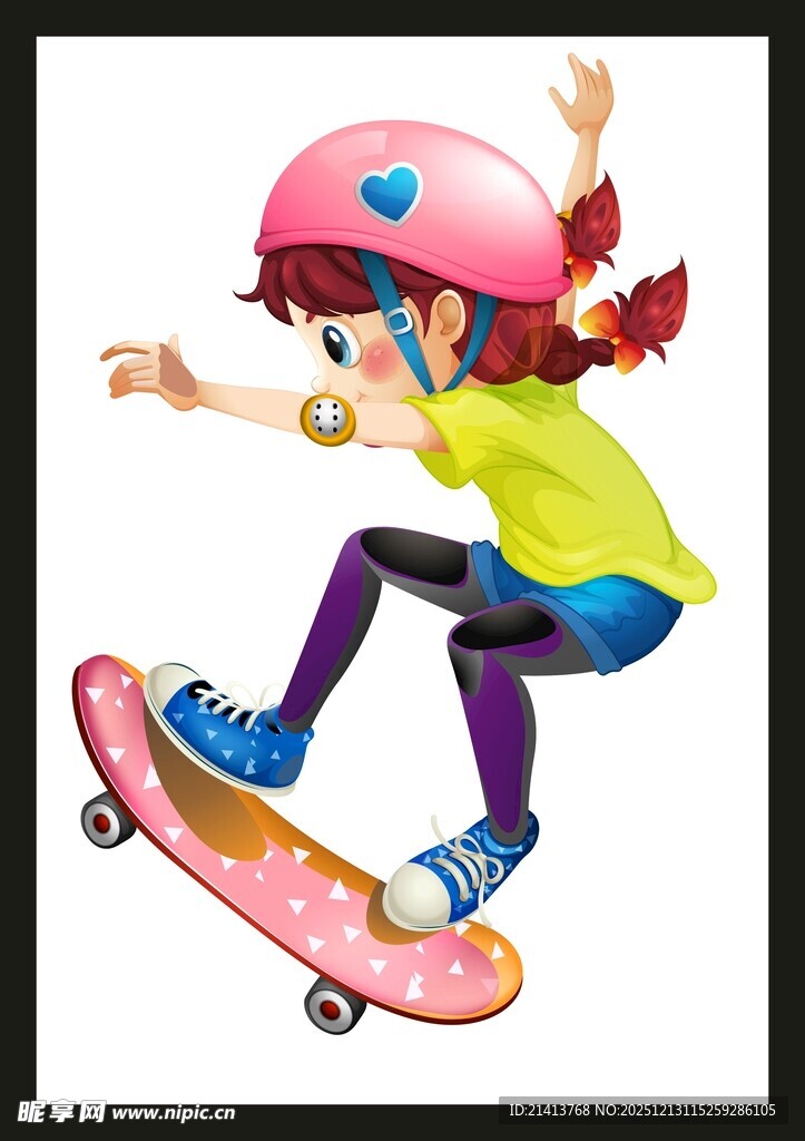 女孩快乐玩滑板瞬间