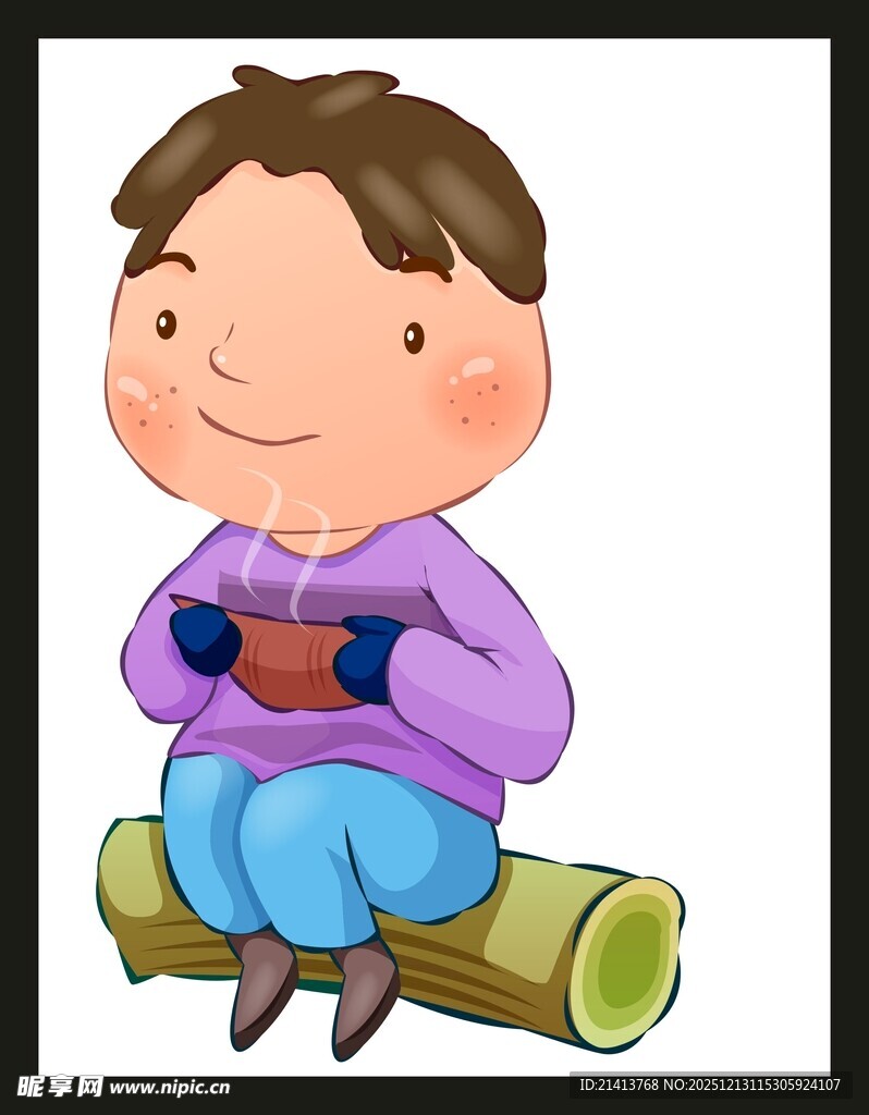 小男孩坐竹筒开心吃美食