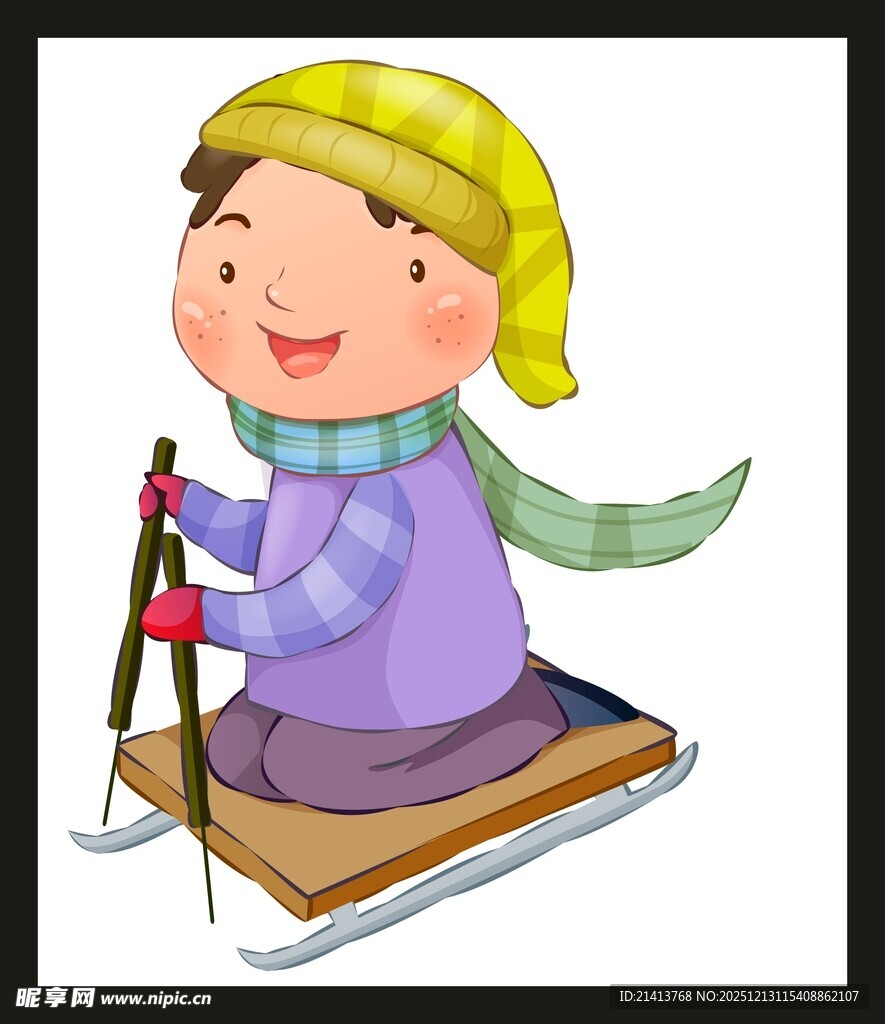 小孩坐着雪橇开心滑雪