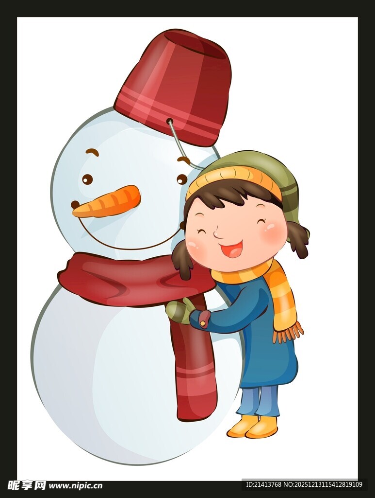 小女孩依偎可爱雪人