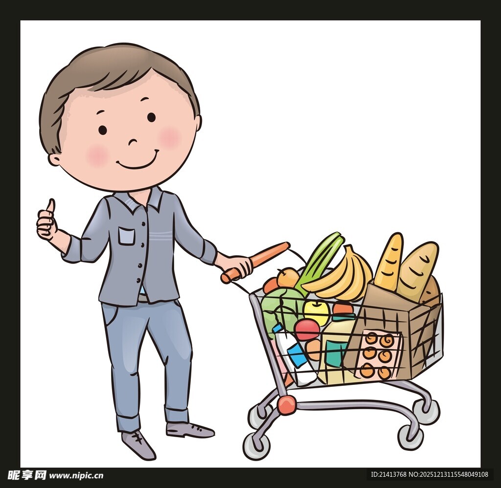 男孩推着满载的购物车