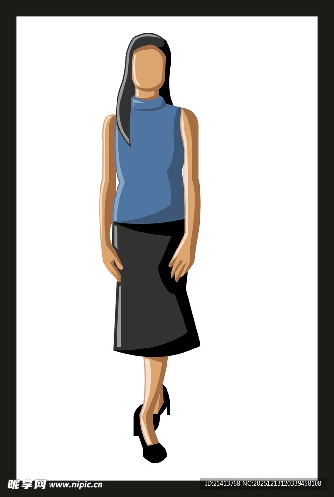 蓝色上衣配黑裙女性形象