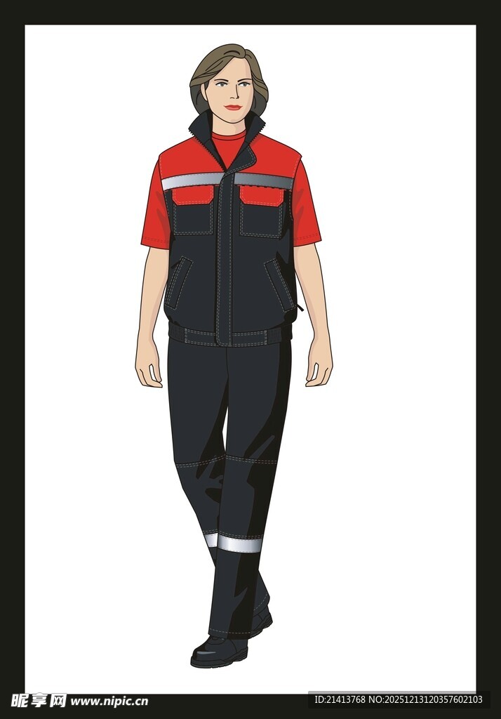 红上衣配黑背带工装人物