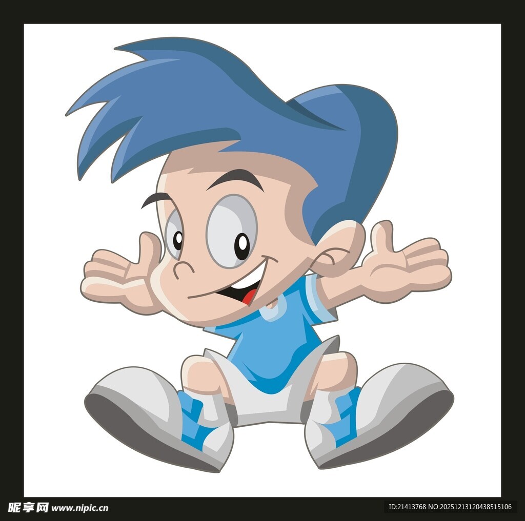 蓝色头发的活泼卡通小孩