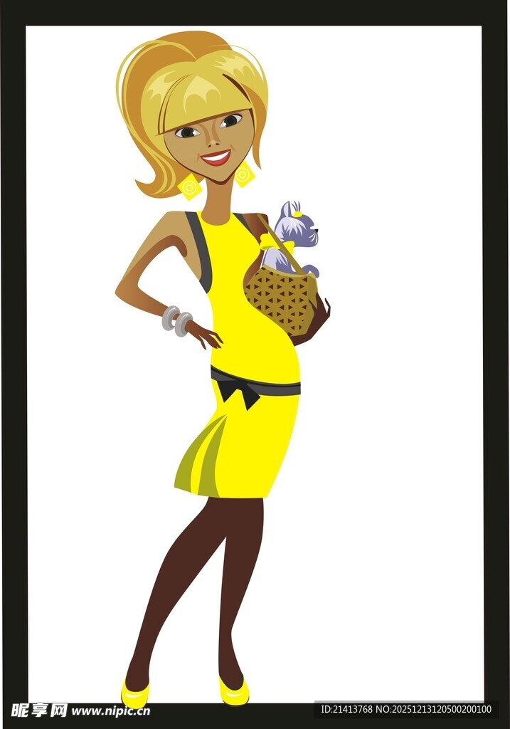 时尚黄衣女子手提购物袋