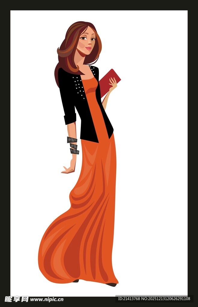 优雅长裙女子持书而立