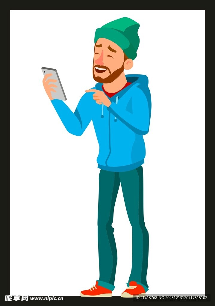 戴帽男子专注看手机