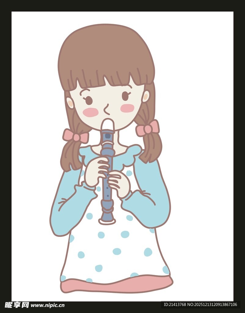 吹奏竖笛的可爱小女孩