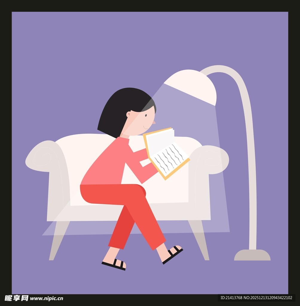 沙发上阅读的红衣女子