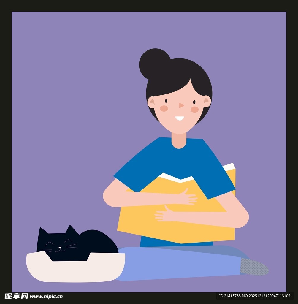 女孩与猫一起拆快递