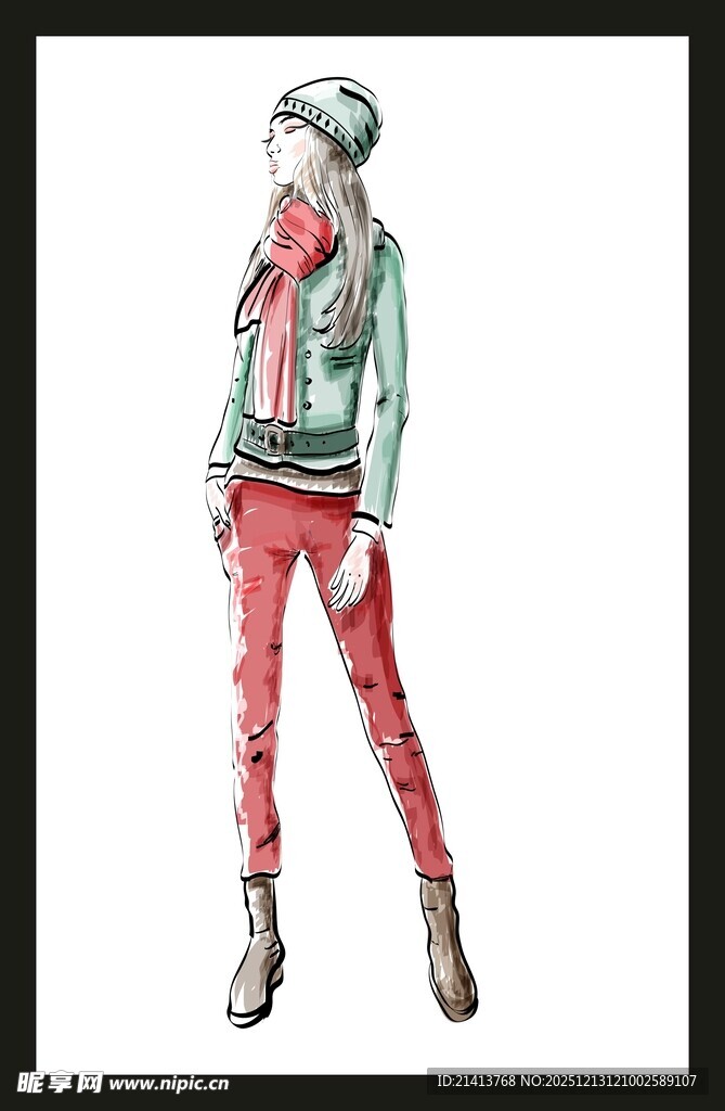 时尚女性穿搭手绘设计图