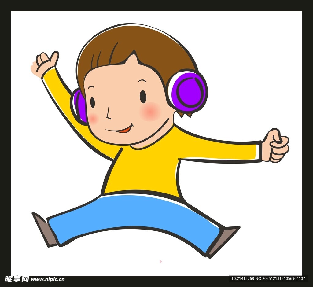 戴耳机跳跃的快乐小男孩