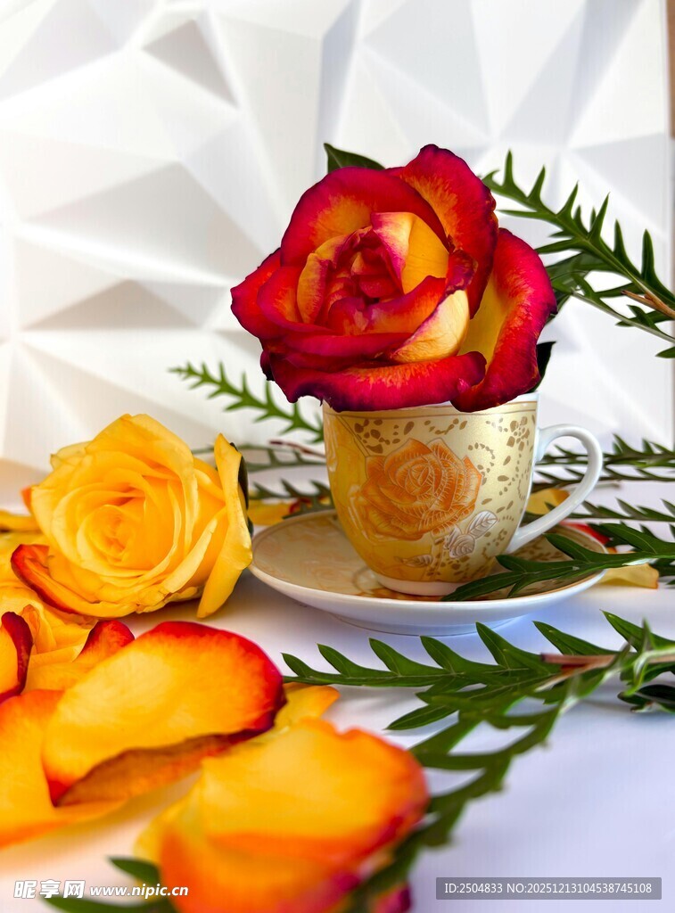 娇艳玫瑰与精致茶杯组合