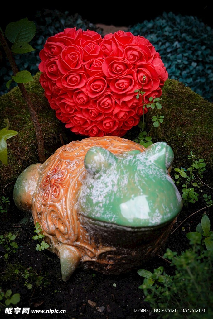 青蛙摆件与红心装饰