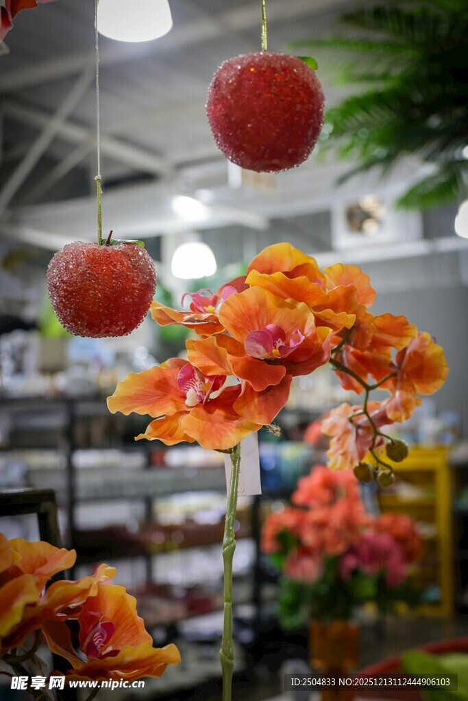 悬挂装饰花卉与红果