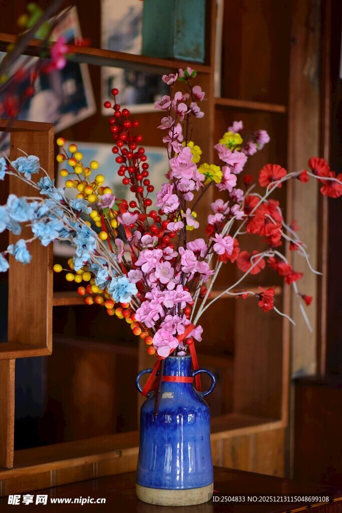 中式花瓶插多彩仿真花枝