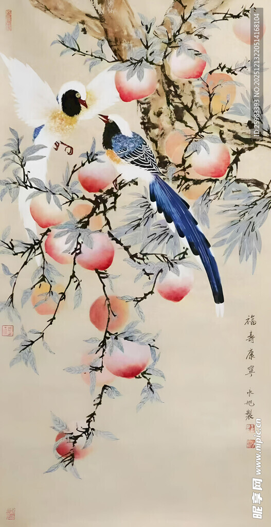 仙桃喜鹊图
