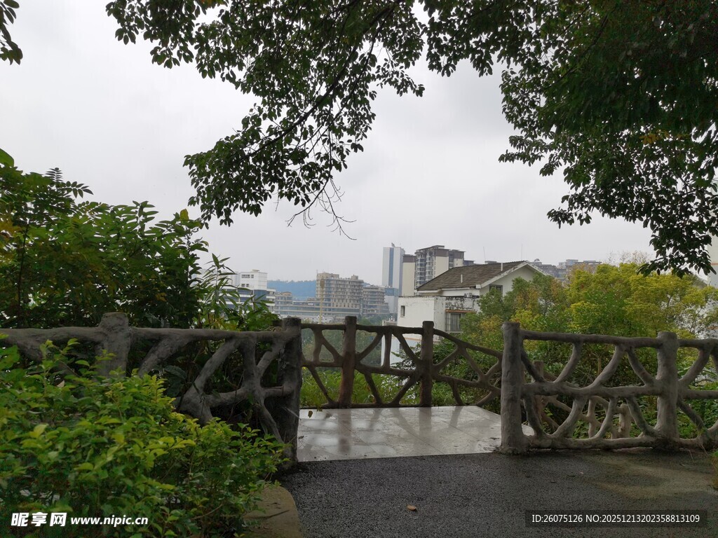 雨中园林木桥景致