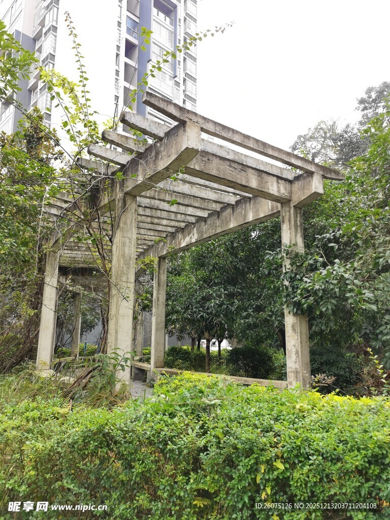 户外木质凉亭与绿植景观