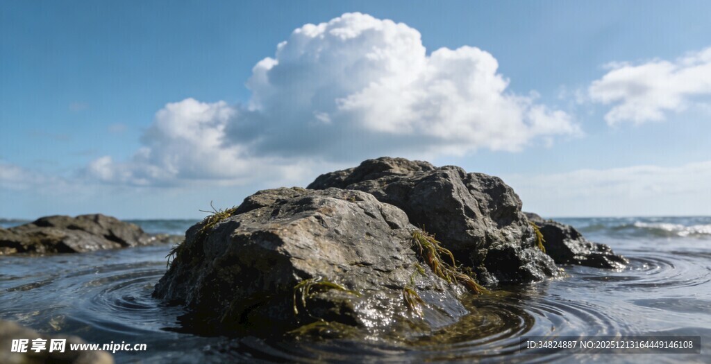海边孤石与蓝天白云