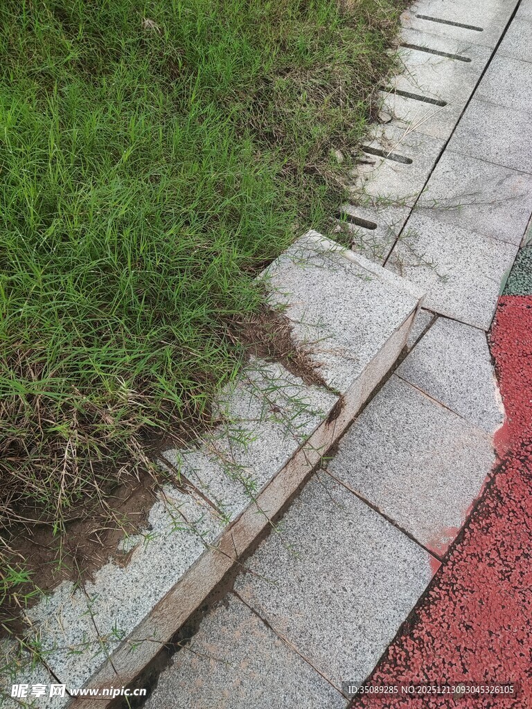 路边草地与砖石边界