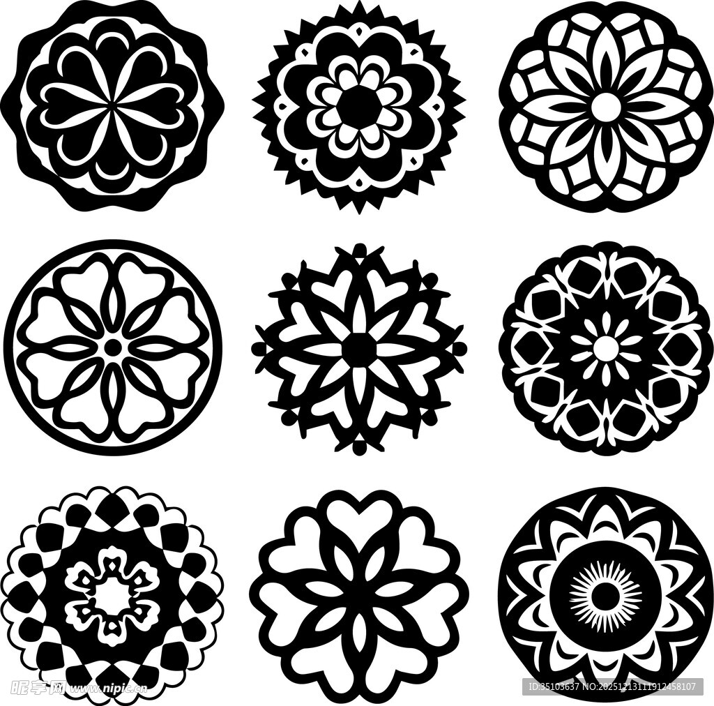 黑白圆形花纹图案集合